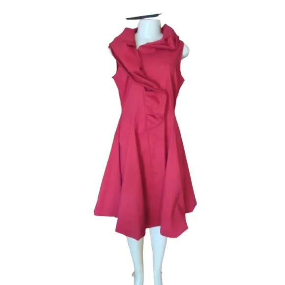 Samuel Dong Red Bubble Dress W/ Asymmetrical Ruffle Collar & Sleeveless Fit Medi - Picture 3 of 10